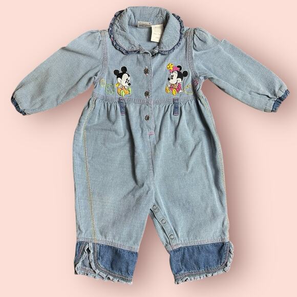 Vtg Mickey & Co Disney Embroidered Minnie Denim Bib Overall 12m Coverall Romper - Picture 1 of 4